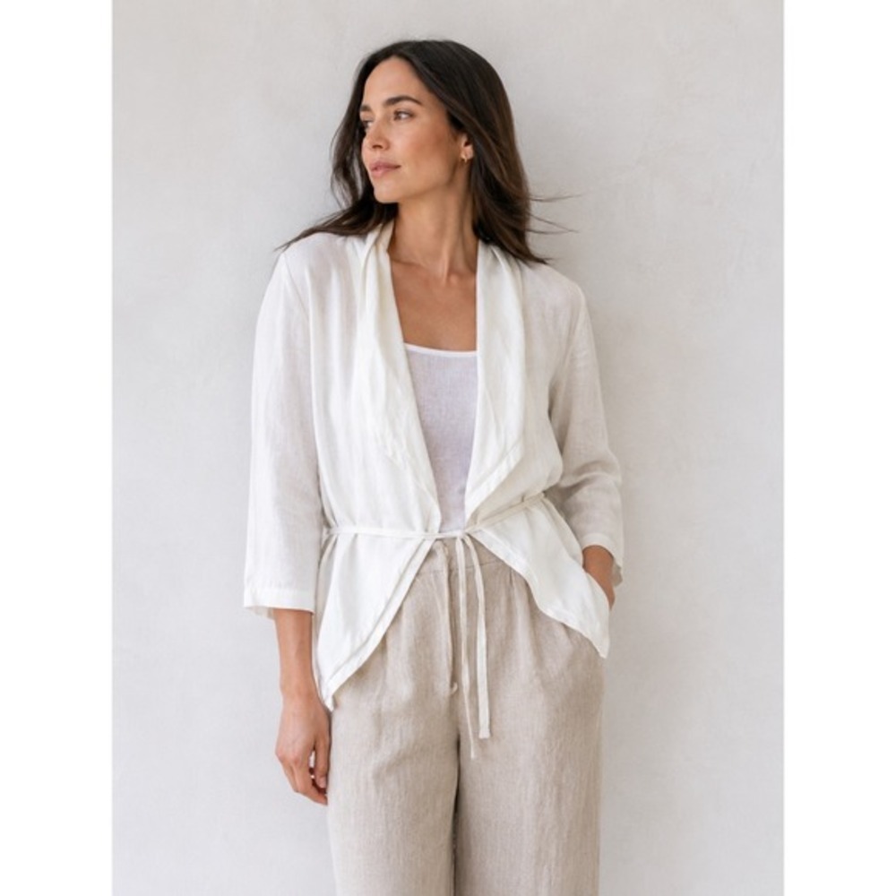 White House Black Market 100% Linen Open Cardigan 6 White Waist‎ Tie 3/4 Sleeve